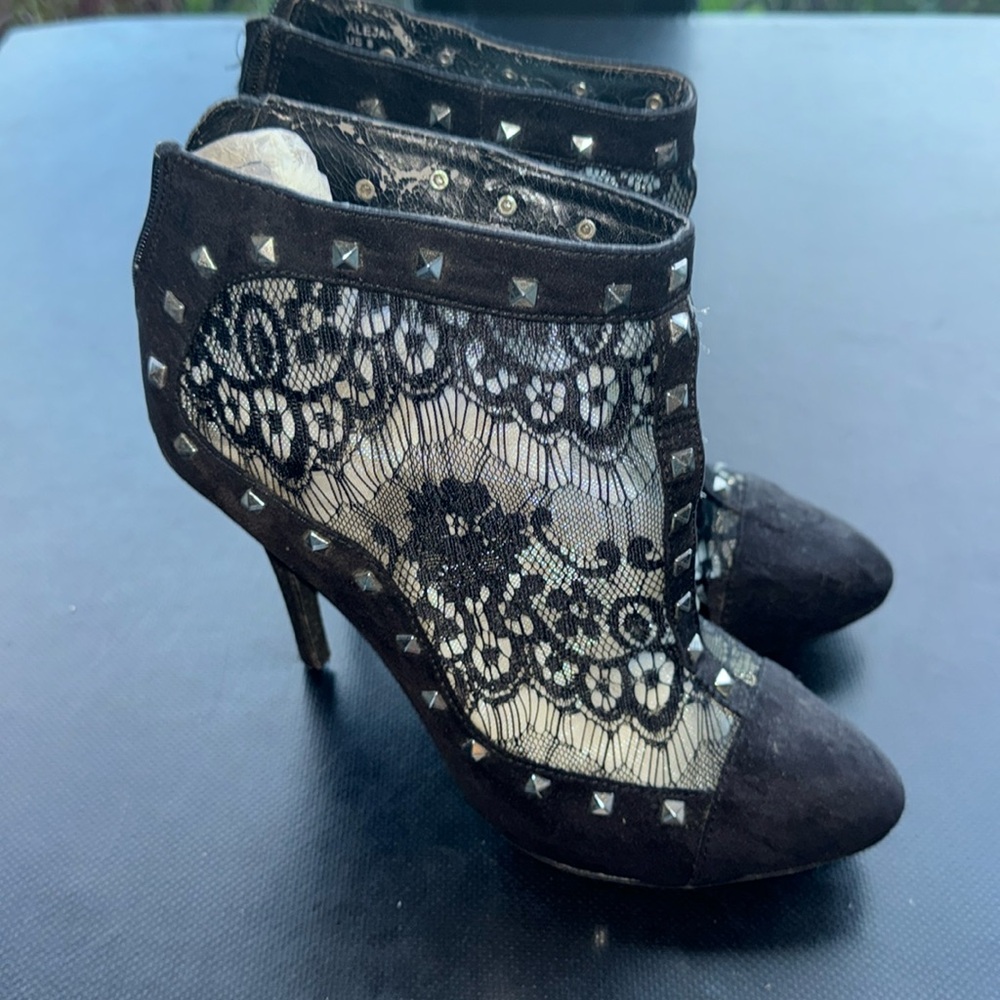 Black Lace & Studded High Heel Bootie, Size 8